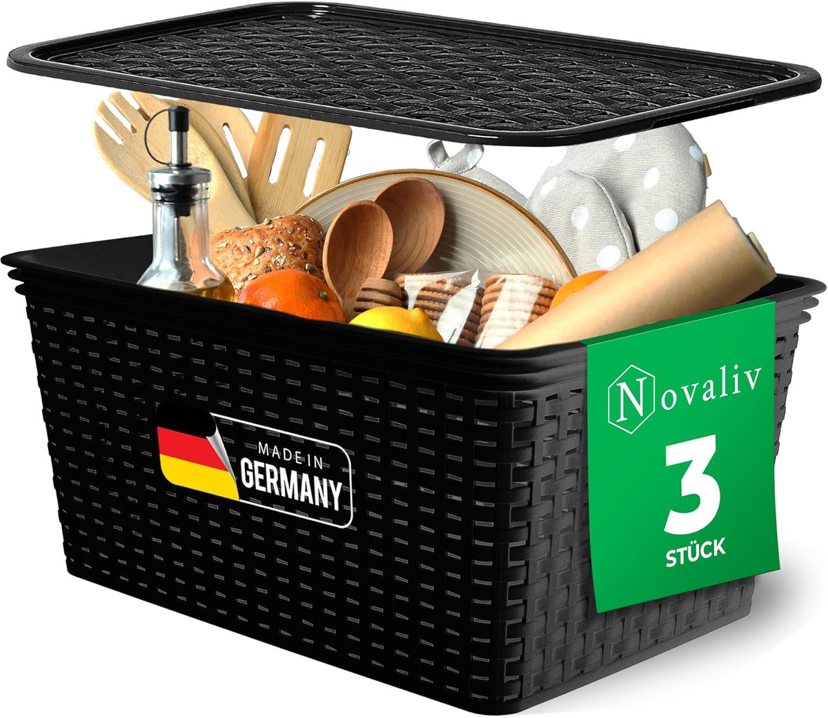 Novaliv Set van 3 opbergdozen met deksels Keuken 14L Zwarte kunststof rotanlook Keukenopslag & organisatie BPA-vrije kastorganizer Opbergdozen voor theezakjes Snacks Specerijen