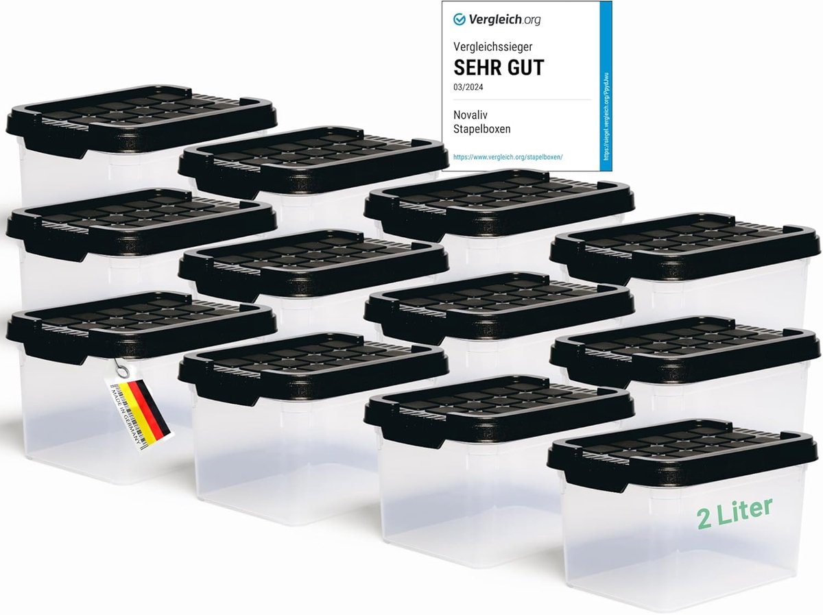 Novaliv 12x Opbergdozen met deksel Klein 2 L Antraciet Nestbaar Stapelbaar Kunststof dozen met clipsluiting Kunststof BPA-vrij 19 x 14 x 11 cm