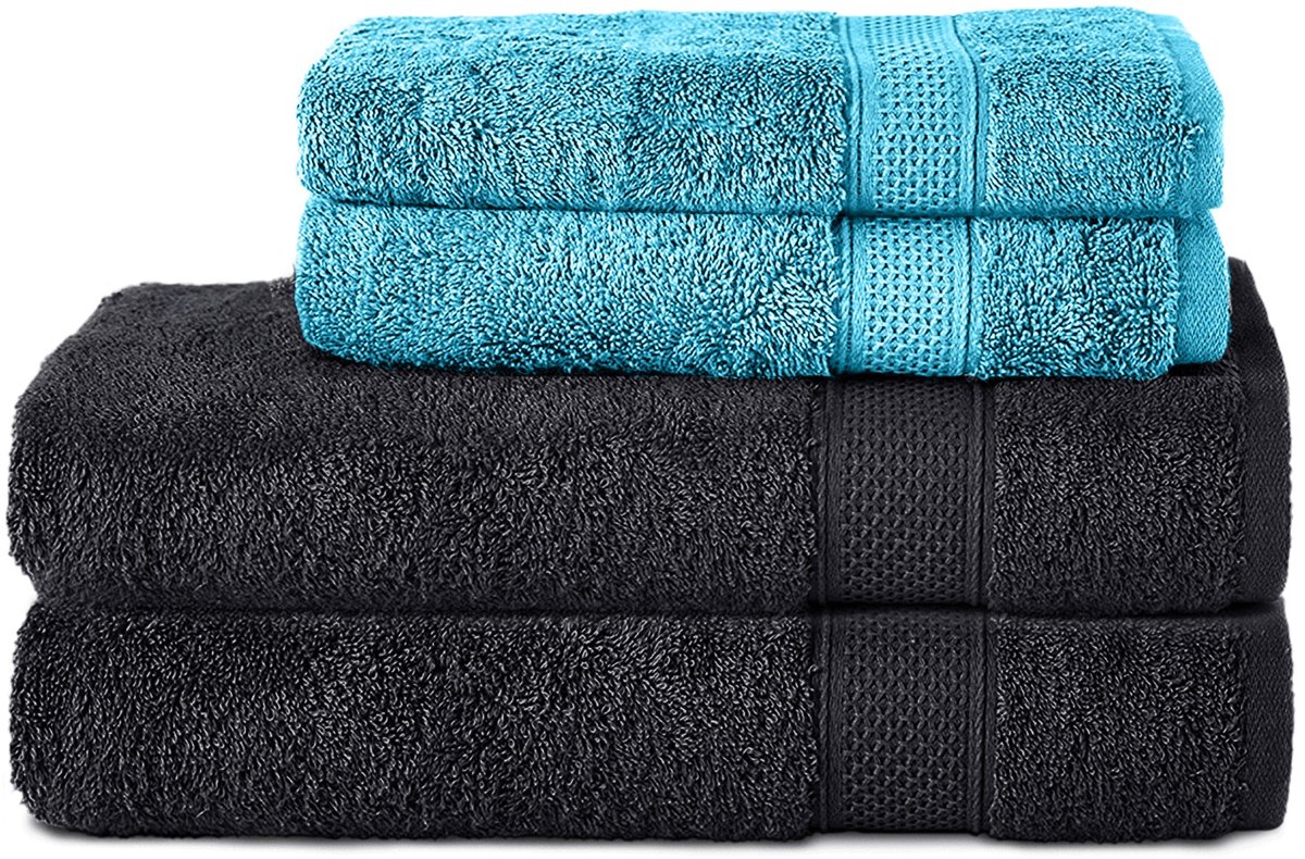 Komfortec Handdoekenset 2x handdoek 50x100 cm + 2x badhanddoek 70x140 cm - 100% Katoen - Zwart&Turquoise
