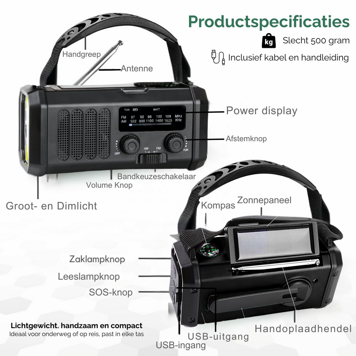 P-Repair - Noodradio - Opwindbare radio - Solar Opwindbaar - Powerbank Zonne-energie - 20.000mAh - Met zaklamp - USB oplader - USB-C oplader - Zwart – foto 7