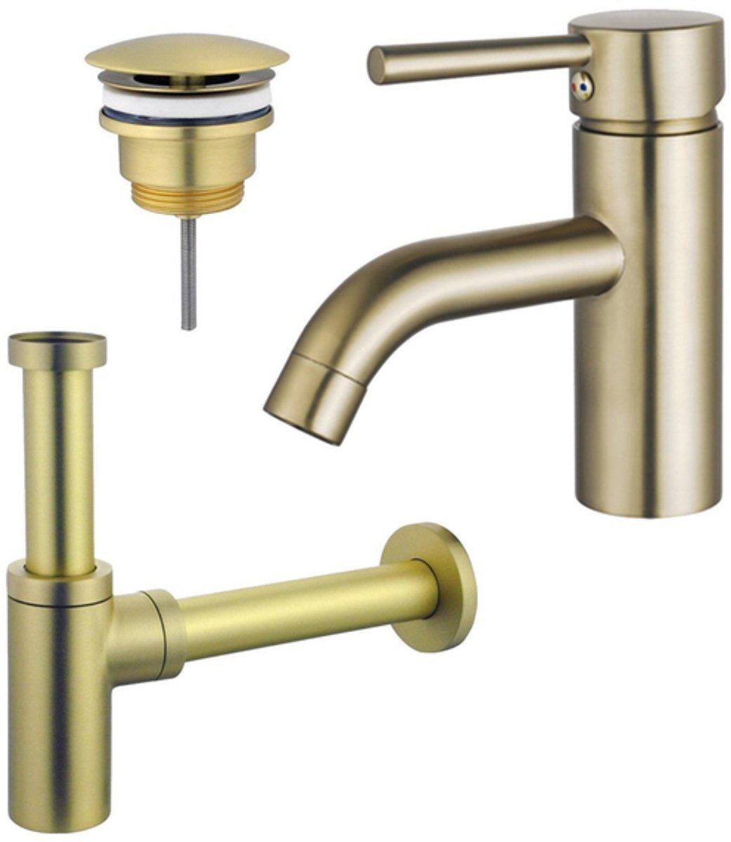 FugaFlow Eccelente Sobrado Badkamer Wastafelkraanset - lage wastafelkraan - always open plug - design sifon - PVD Geborsteld Messing