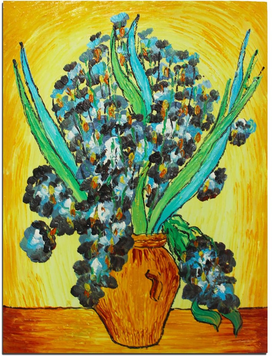 Ibenzoa Handgeschilderd Olieverfschilderij op Canvas van Klassieke Irissen voor Muurdecoratie met Lijst, Klaar om Op te Hangen groen