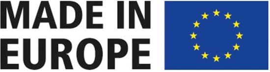 Gecentreerde tekst 'MADE IN EUROPE' met de Europese vlag.