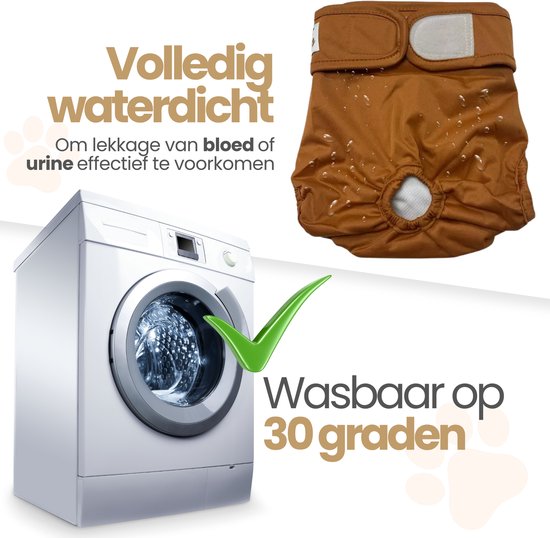 Bruine hondenbroek met waterdruppels. Een wasmachine met een groen vinkje. Wasbaar op 30 graden.