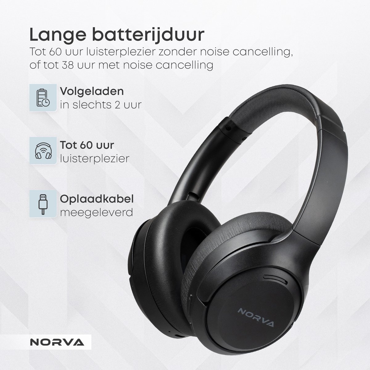 Norva P70 - Draadloze Noise Cancelling Koptelefoon - Bluetooth 5.3 Headphones - Over-ear Hoofdtelefoon - Met Microfoon en Opbergcase - 60u Batterij - Zwart — afbeelding 5