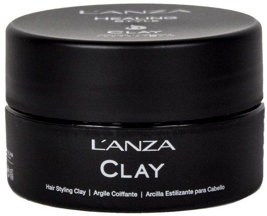 Zwarte pot met L'ANZA CLAY tekst, inclusief 'Hair Styling Clay'.