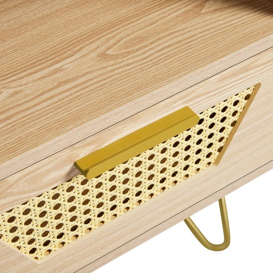 Set de 2 tables de chevet, design en rotin, table d'appoint avec 1 tiroir et 1 compartiment de rangement ouvert, table de chevet, pieds en métal, table de chevet, table de canapé pour chambre/salon, marron clair