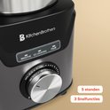Close-up van blender met draaiknop, met tekst '5 standen 3 Snel functies'.