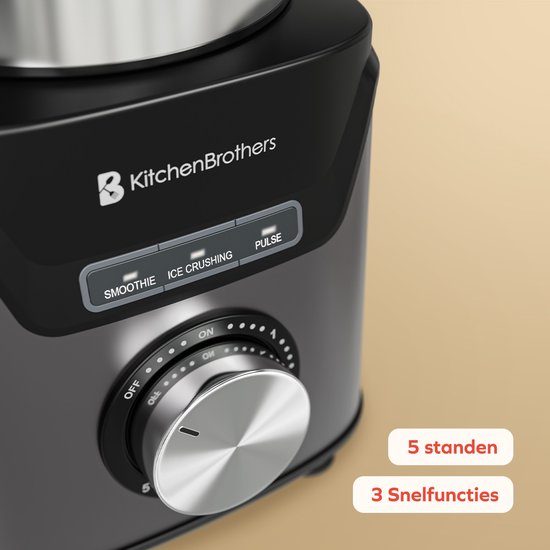 Close-up van blender met draaiknop, met tekst '5 standen 3 Snel functies'.