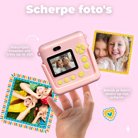 Roze digitale camera voor kinderen met scherm, omringd door vrolijke kinderfoto's.