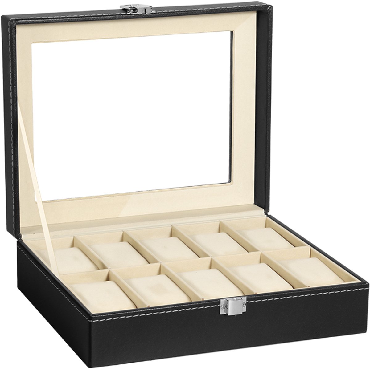 Uten Luxe Horlogedoos - HorlogeBox Heren Dames - Sieradendoos - 10 vakken - Beige Zwart