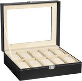 Zwarte horlogedoos van PU-leer met beige interieur en 10 vakken. Glazen deksel en metalen sluiting.