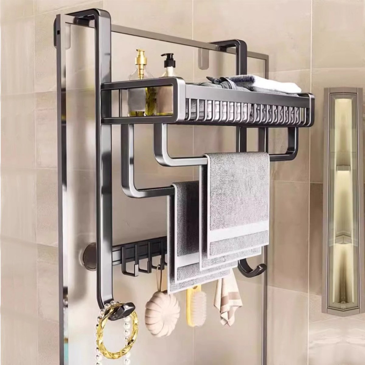 CHIWIN Doucherek Hangend - Doucherekjes Multifunctioneel - Deurrek Badkamer - 1 Opbergmand + 2 Handdoekrekken + 7 Haken - Space Aluminium - Zonder Boren Montage - 30x22x73cm - Grijs
