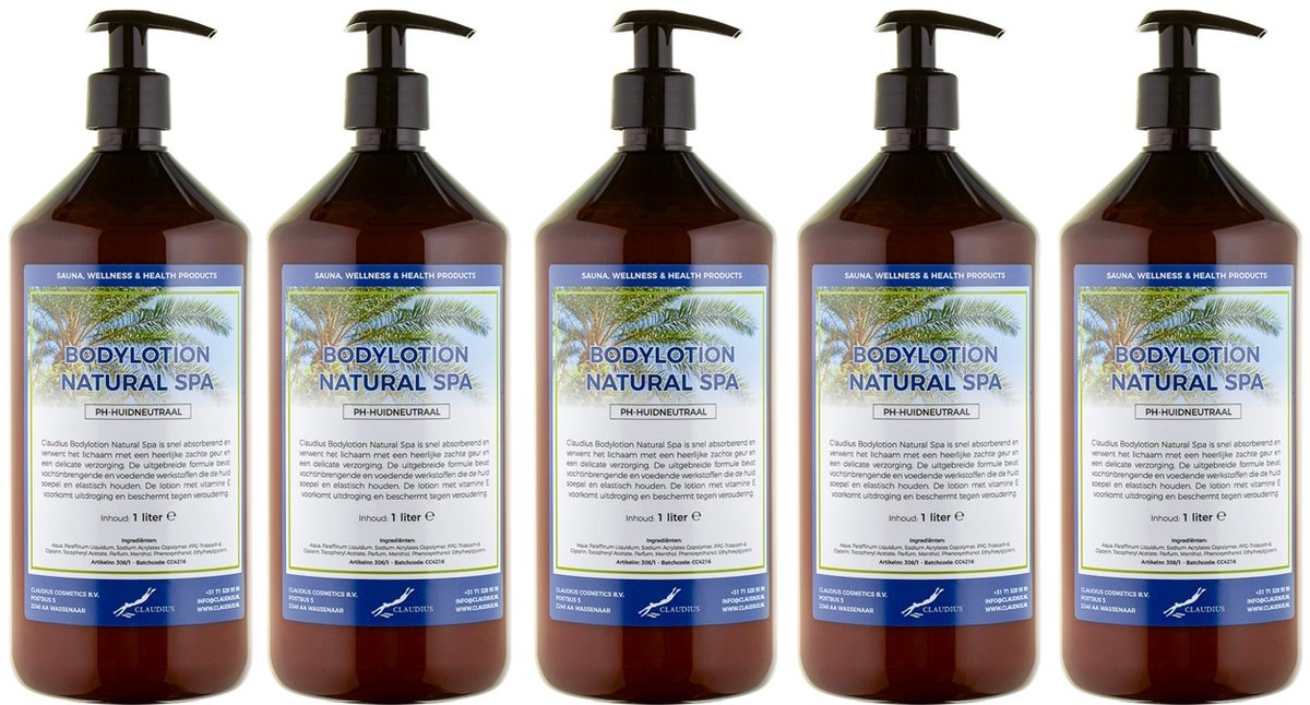 Bodylotion Natural Spa 1 Liter - met gratis pomp - set van 5 stuks - Voordeelverpakking