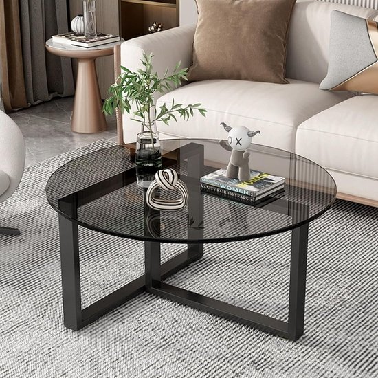 Moderne 60cm Zwarte Ronde Glazen Salontafel met Gehard Glas Desktop en ...
