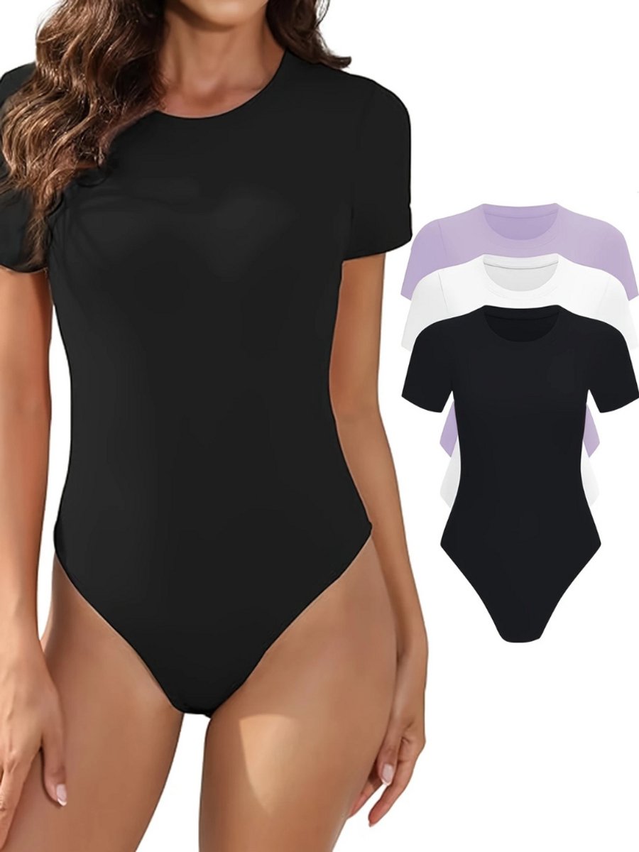 Nivard Bodysuit Dames - Jumpsuit - Corrigerend Ondergoed - Body plunge - Lingerie - Setje Vrouwen - 3 Pcs - Zwart/Wit/Lichtpaars