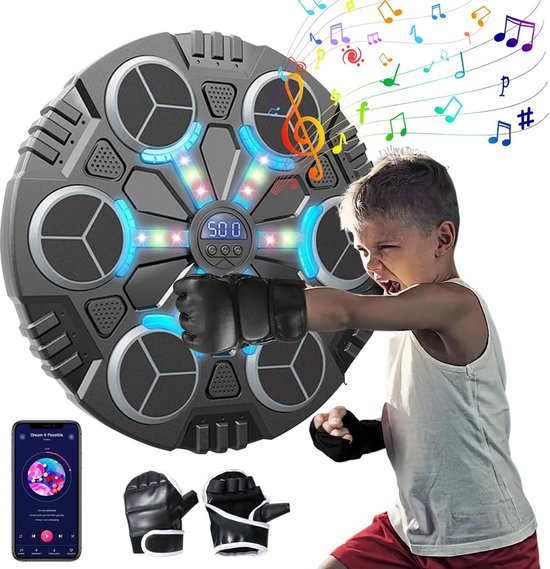 Kinderboksmachine - Wandmontage - Bluetooth Muziekspeler - Met LED-licht - 500 mAh - 35,5 * 35,5 * 4,5 cm - Zwart - Met MMA Halve Vinger Handschoenen