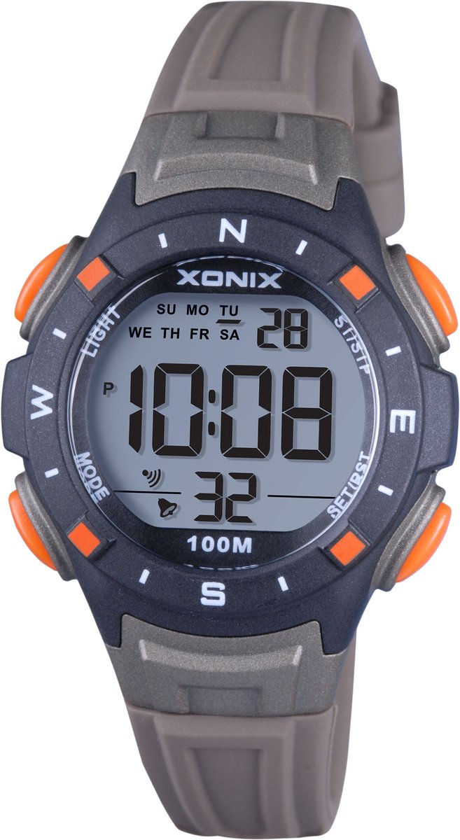 Xonix IB-A05 - Horloge - Polshorloge - Digitaal - Kinderen - Unisex - Rond - Siliconen band - ABS - Cijfers - Achtergrondverlichting - Datumaanduiding - Alarm - Start-Stop - 12-24u - Tweede tijdzone - Waterdicht - Bruin - Zwart - Grijs -Oranje