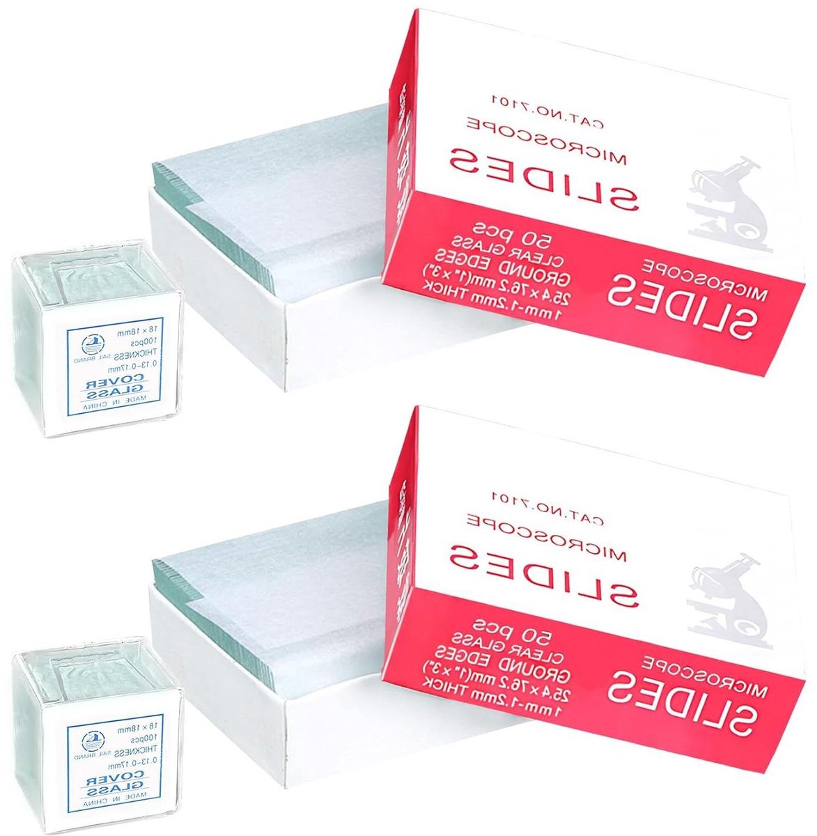 Pre-cleaned Microscope slides and Coverslips Set 100 Slides and 200 Coverslips 76 x 26 mm and 18 x 18 mm for Laboratory Biology Science Study