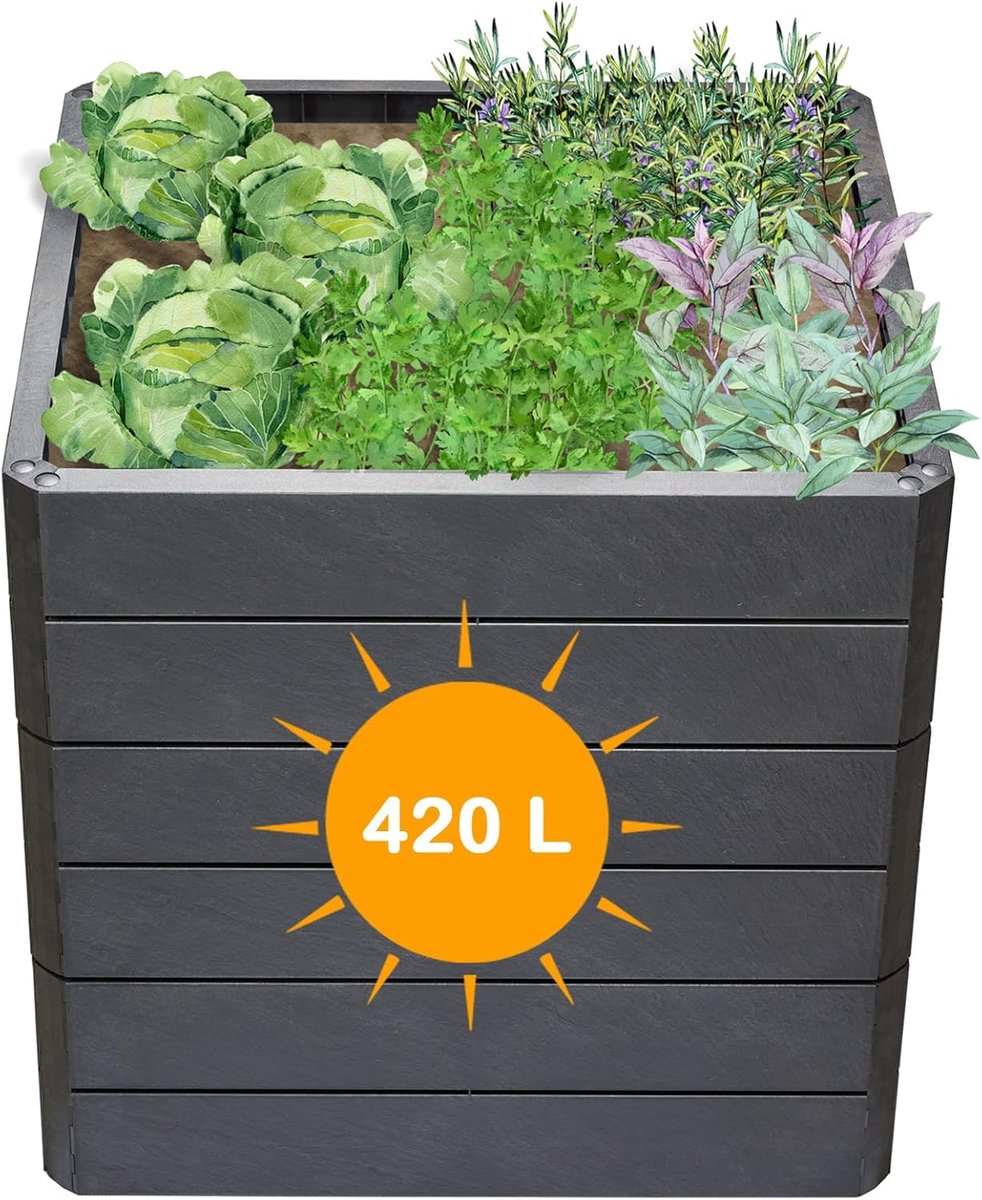 Yoursol Ergo Quadro L 75 verhoogde bak Hout met Flora waterbesparend systeem, 420 liter, verhoogde bakken voor tuin kunststof 80 x 80 cm, verhoogde bak antraciet buiten