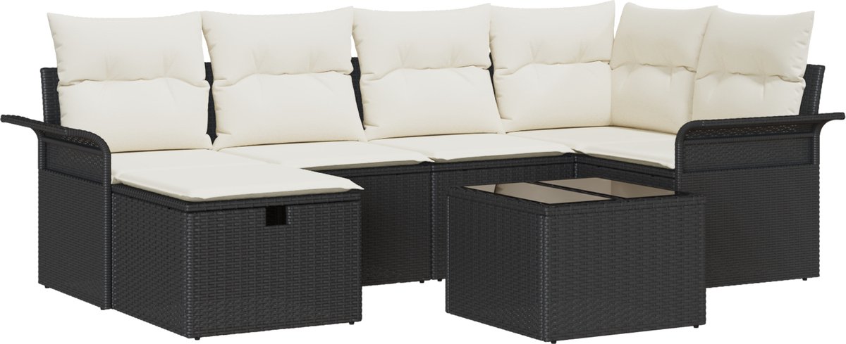 vidaXL Tuinbank - Set - 7 - st - Poly - rattan Zwart/ Crèmewit
