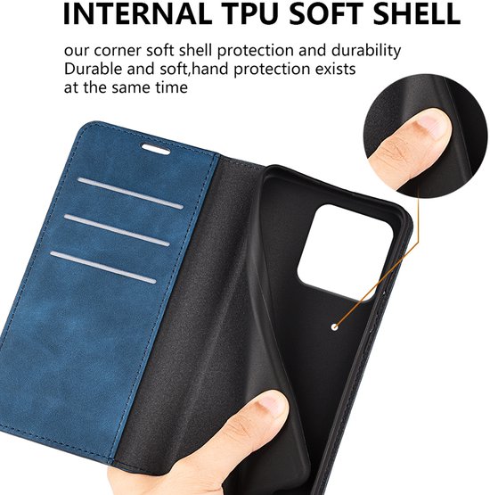 Blauw telefoonhoesje opengeklapt, met kaarthouders en een TPU-hoes.