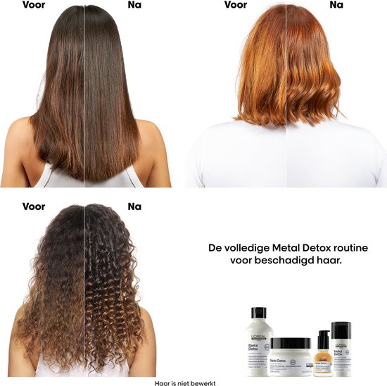 Vergelijking van haar voor en na de Metal Detox routine: steil bruin, rood en krullend haar krijgen meer glans en textuur.