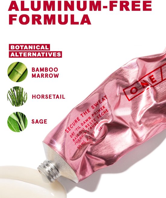 Aluminiumvrije formule met bamboemossel, horsetail en salie. Close-up van een roze metallic tube met product.