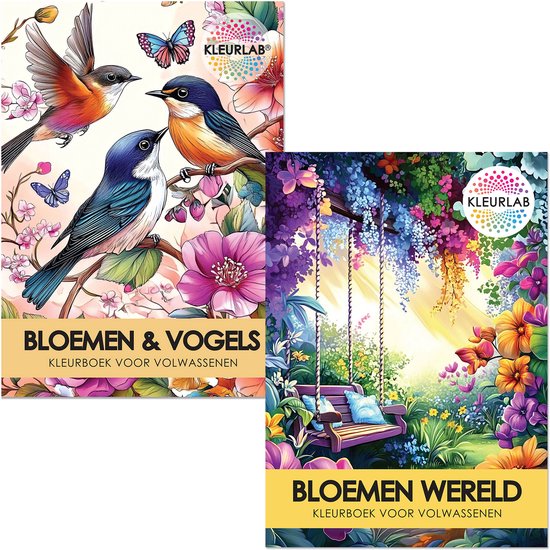 KleurLab - Luxe Kleurboeken Set voor Volwassenen - Set van 2: Planten, Bloemen en Dieren - Enkelzijdig Bedrukt - 96 Kleurplaten op A4 - Voordeelset