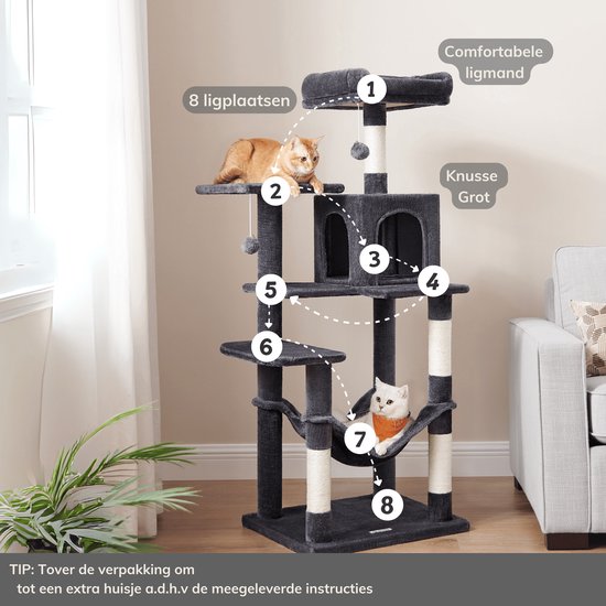 ACAZA Krabpaal - Krabpaal voor Grote Katten - Krabpaal voor Katten - 143 cm - Donkergrijs - Kattenkrabpaal - Kattenboom - Krabpalen - Kattenhuis