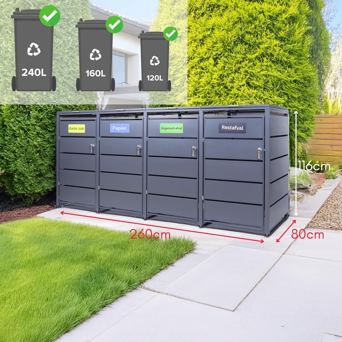 Albatros afvalcontainerbox voor 4 containers | tot 240 liter | antracietgrijs RAL 7016 | verzinkt staal | premium dempers | stickerset | weerbestendig | verstelbare poten | deurklink met slot | tuinbox — afbeelding 2