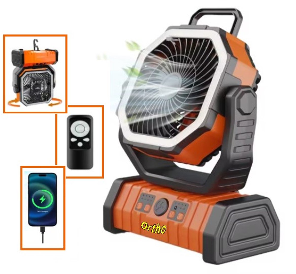 Ortho® - Draagbare ventilator - Grote Batterijcapaciteit - Ventilator staand - Tafel ventilator - Camping ventilator - Ventilator lamp - Draagbaar - Met afstandsbediening - Oranje