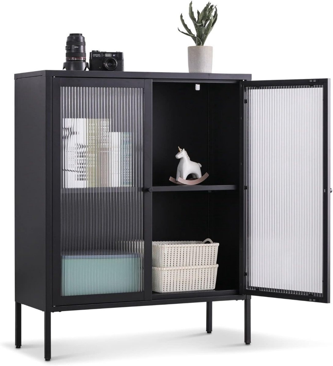 Highboard Tokio zijkast zwart voor de woonkamer Opbergkast Metalen kast met legplank en glazen deuren, ladekast voor boeken en decoraties LxBxH ca. 90x35x110 cm