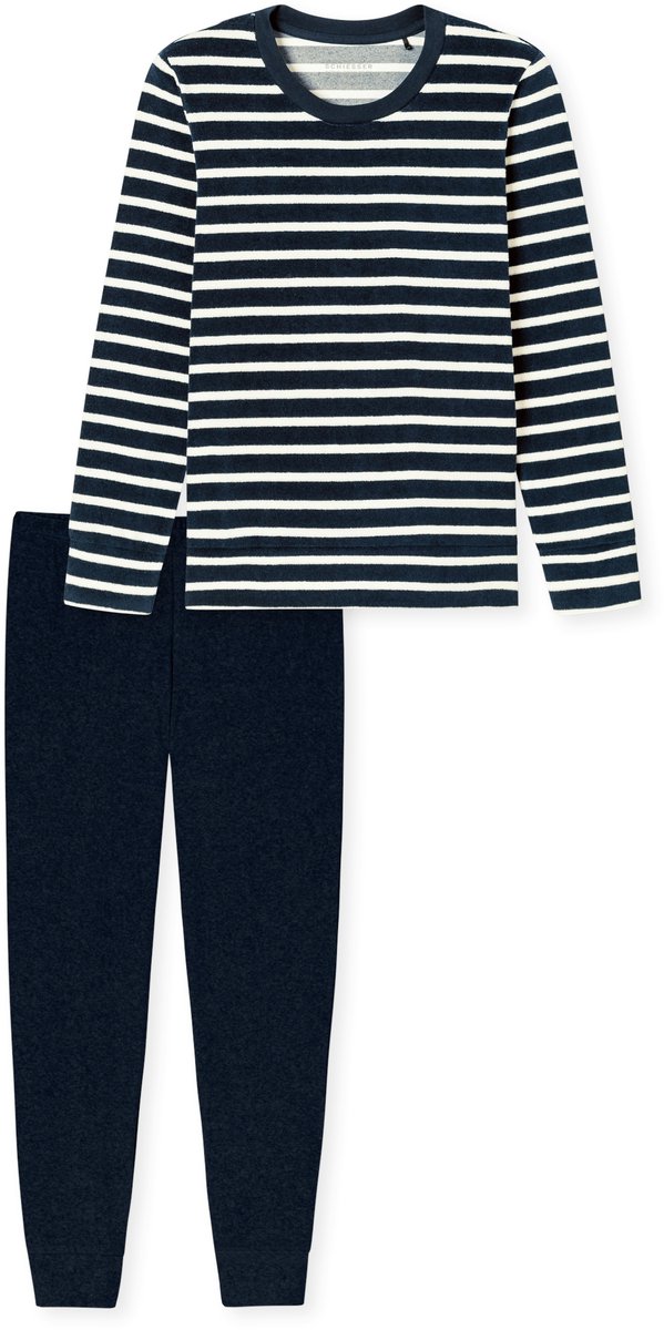 Schiesser dames Cotton Essentials Pyjama lang - dames pyjama set - nachtblauw gestreept