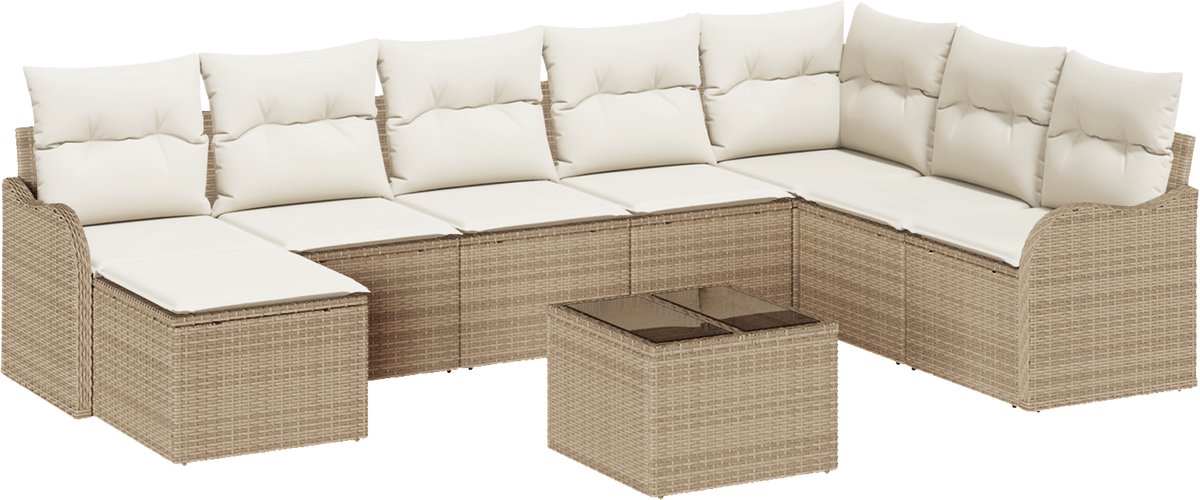 vidaXL - Tuinbank - Set - met - kussen - 9 - pcs - Beige - Poly - rattan