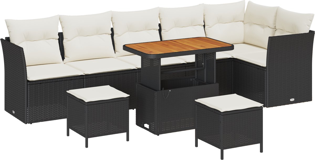 vidaXL - Tuinbank - Set - met - kussen - met - opslag - 9 - pcs - Zwart - en - crème