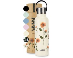 VANN® 100% RVS Thermosfles 600 ML voor volwassenen – 3-wandige isolatie – Geen plastic – Drinkfles – 24 uur koud/12 uur warm – Sunflowers – VANN ESSENTIAL BOTTLE®