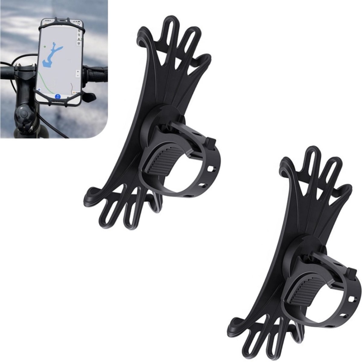 2 stuks - Fietstelefoonhouder - Motorfietstelefoonhouder - 360 graden draaibare siliconen stuurtelefoonhouder - Antislip en duurzaam - Stabiel en betrouwbaar - Zwart - 130*60*45mm - Geschikt voor de meeste fietsen en motorfietsen