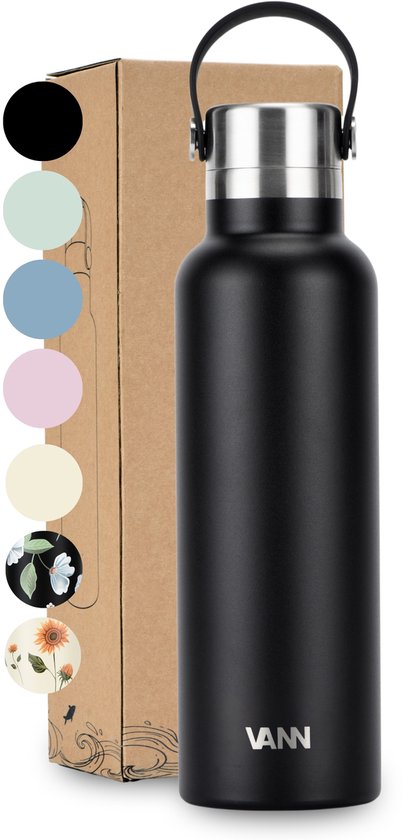 Bouteille d'eau VANN® 100 % acier inoxydable 600 ml pour adultes – Isolation 3 parois – Geen plastique – Thermos – Froid 24 h/Chaud 12 h – Zwart – VANN ESSENTIAL BOTTLE®