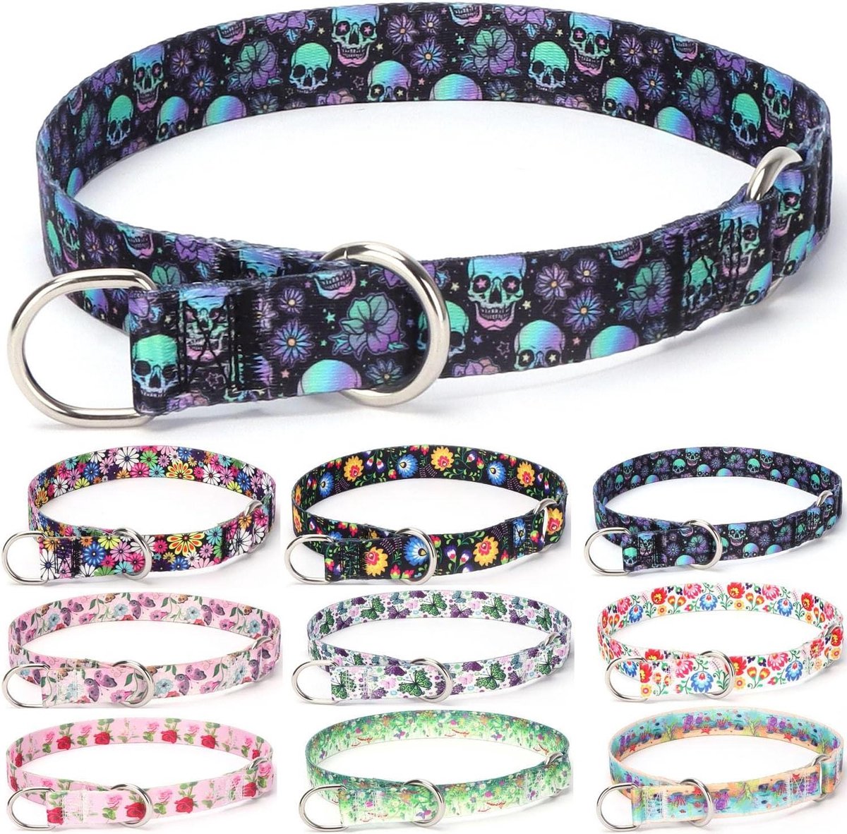 Trainingshondhalsband anti-trek martingaalhalsband antislip halsband met schuifbare stopring voor kleine middelgrote en grote honden (S doodshoofd)