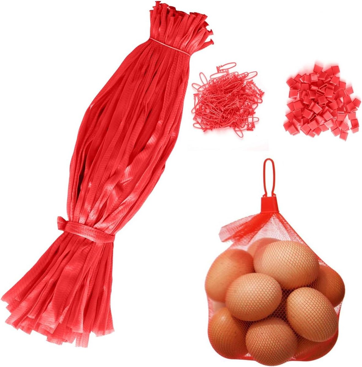 Herbruikbare Netzak Kunststof Nettas Met NetgespGaas Groentennetzak Fruit en Groenteverpakkingsnetvoor Eiernetzak Fruitnetzak Noten Boodschappen Netzak (Rood) - 100 stuks