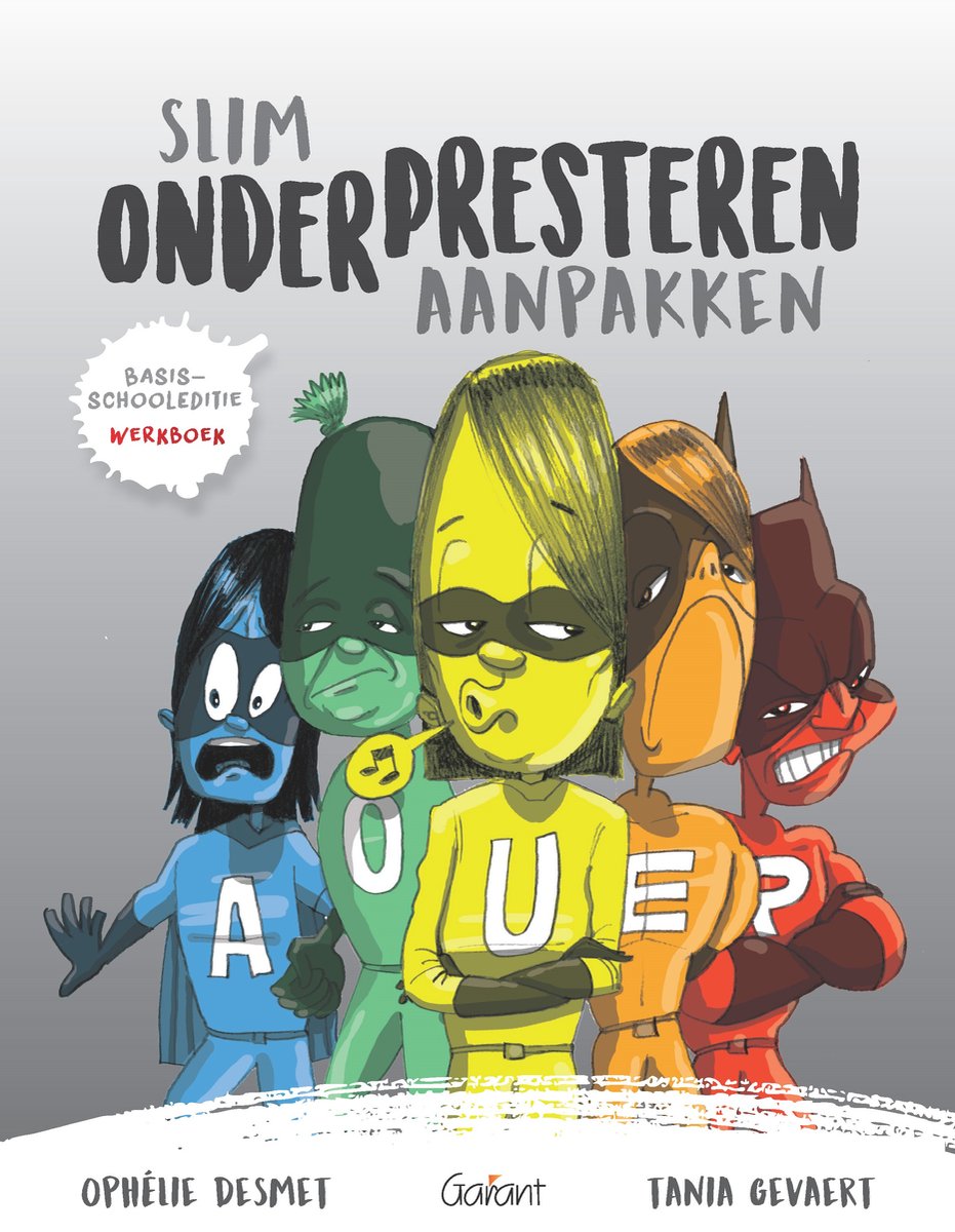 Vijf cartoon superhelden staan samen, drie met letters op hun borst.