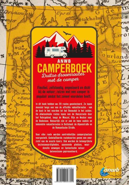 Achterkant ANWB Camperboek Duitsland. Met een witte camper en bergen op de voorkant. Inclusief ISBN.