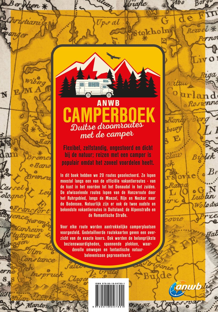 Achterkant ANWB Camperboek Duitsland. Met een witte camper en bergen op de voorkant. Inclusief ISBN.