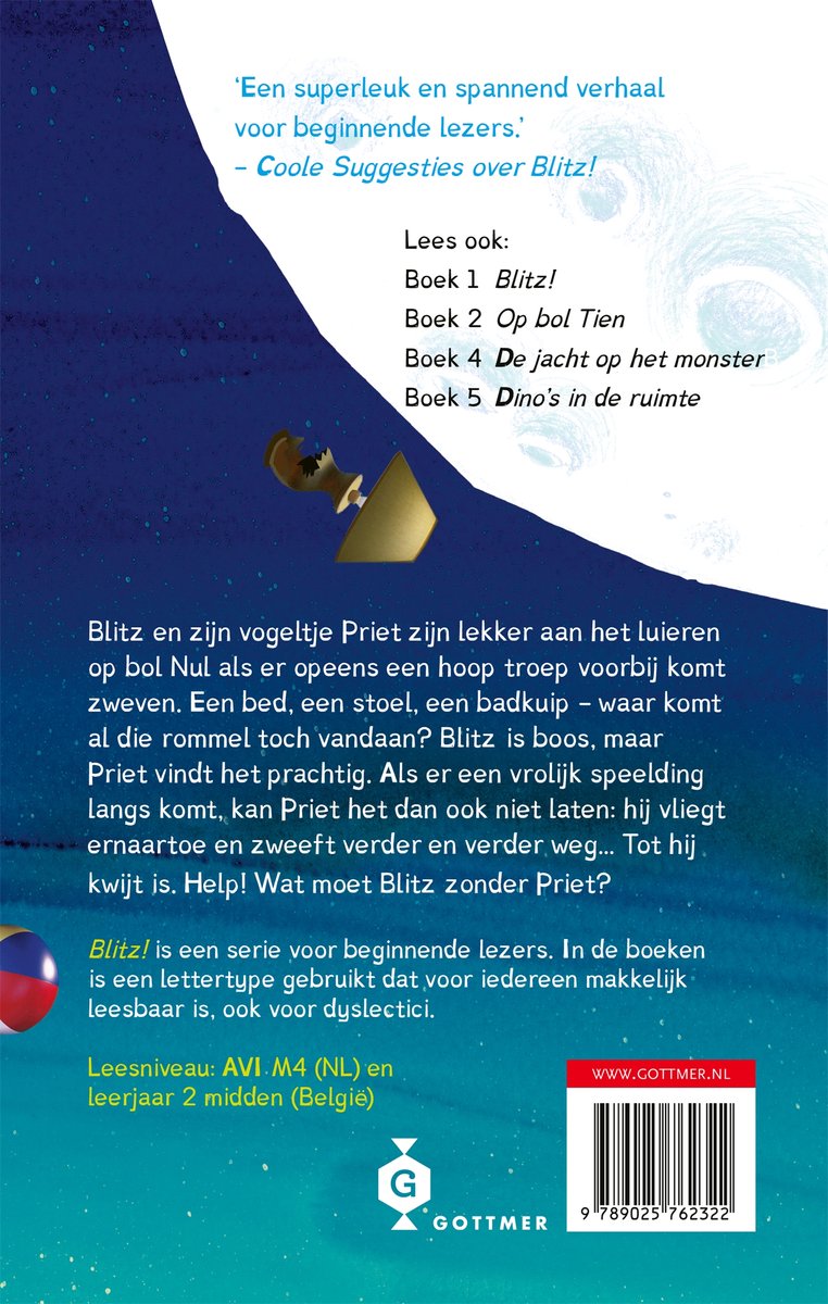Achterkant boek 'Blitz! Troep in de ruimte' met tekst en een silhouet van een wezen dat uit een gouden piramide komt.