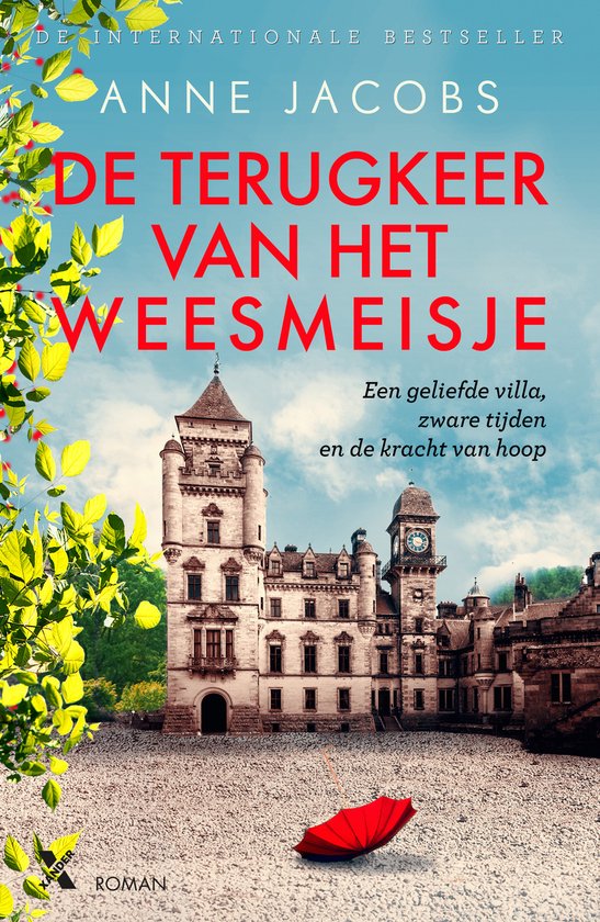 Boekomslag met een groot kasteel, een rode paraplu op de grond, takken met bladeren en de titel 'De terugkeer van het weesmeisje'.
