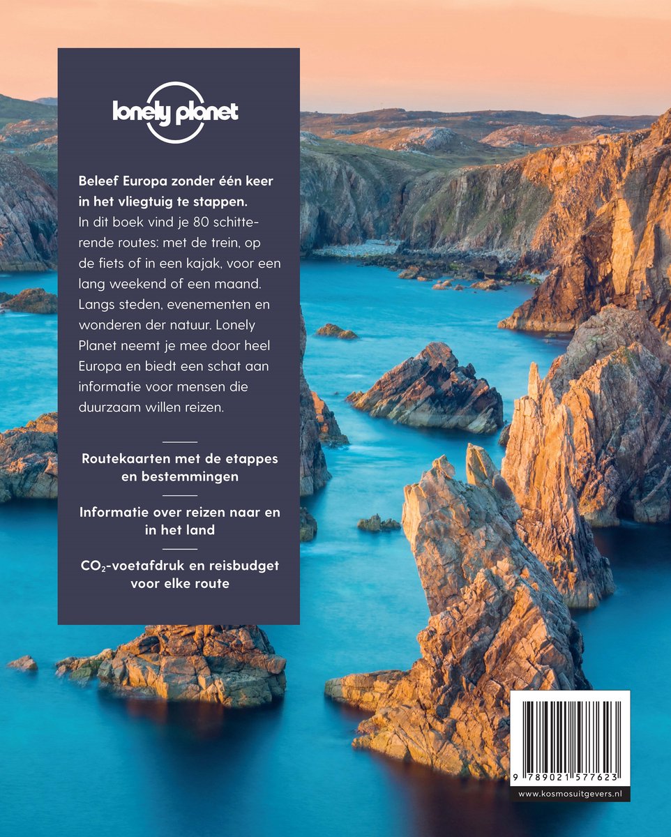 Boekomslag van Lonely Planet met ruige kustlijn en oceaan. Tekst: Beleef Europa zonder één keer in het vliegtuig te stappen.