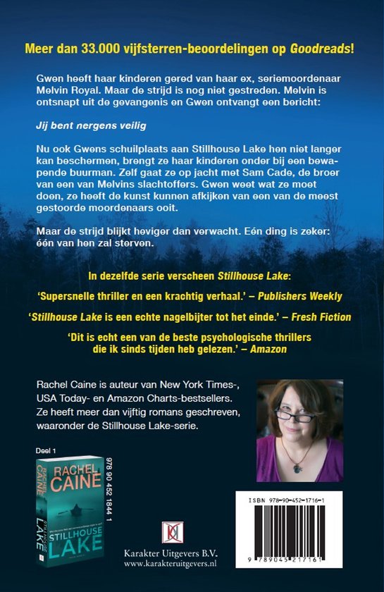 Boekomslag met de titel 'Stillhouse Lake' en een foto van de auteur Rachel Caine.