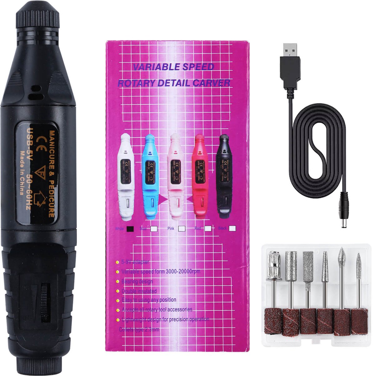 Zwarte Nail Pen, USB Nagelfrees, 20.000–30.000 RPM