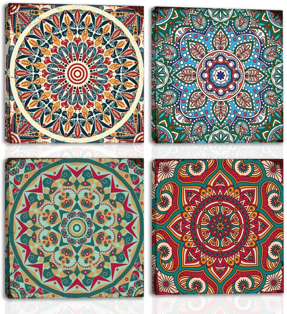 Ibenzoa® Grote Set Vintage Marokkaanse Mandala Bloemen Muurkunst, Boho Mexicaanse Talavera Decoratie, 4 Stuks 40x40cm